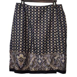 NWT Casual Corner Navy Geometric 100% Silk Navy Paisley Wrap Skirt Women's 12